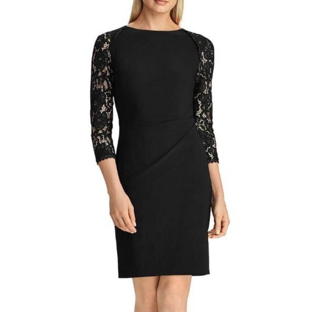 NWT Lauren Ralph Lauren Eugenia Lace Sleeves Jersey Sheath Dress Womens 14 Black